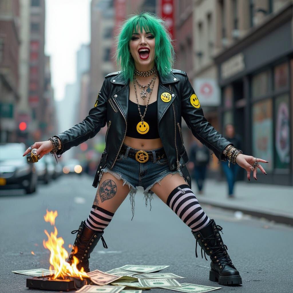 Ecstatic Punk Woman Burning Money