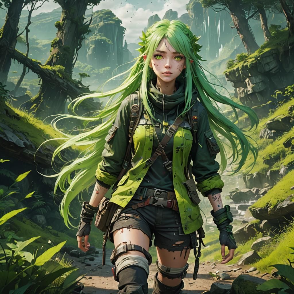 Anime Girl Lost in Wilderness: Detailed Matte Painting