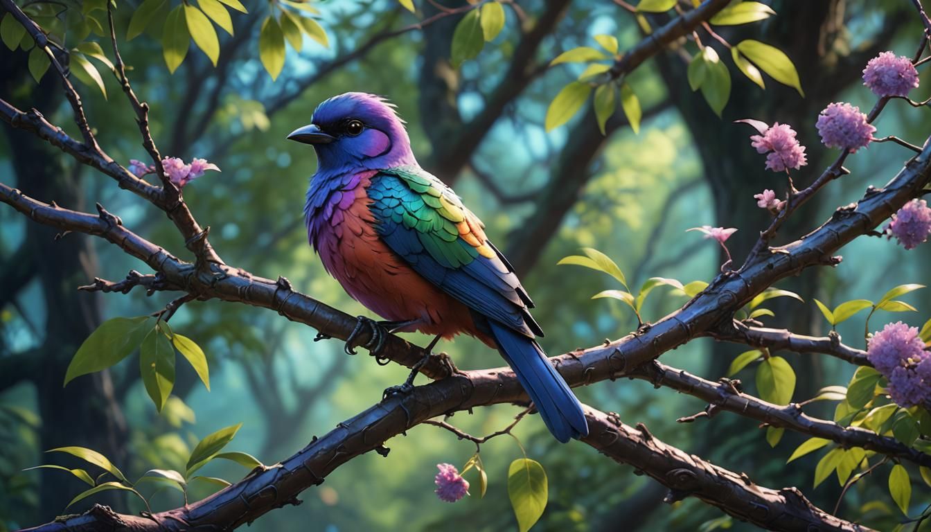 Futuristic Iridescent Bird on Branch in Detailed Matte Paint...