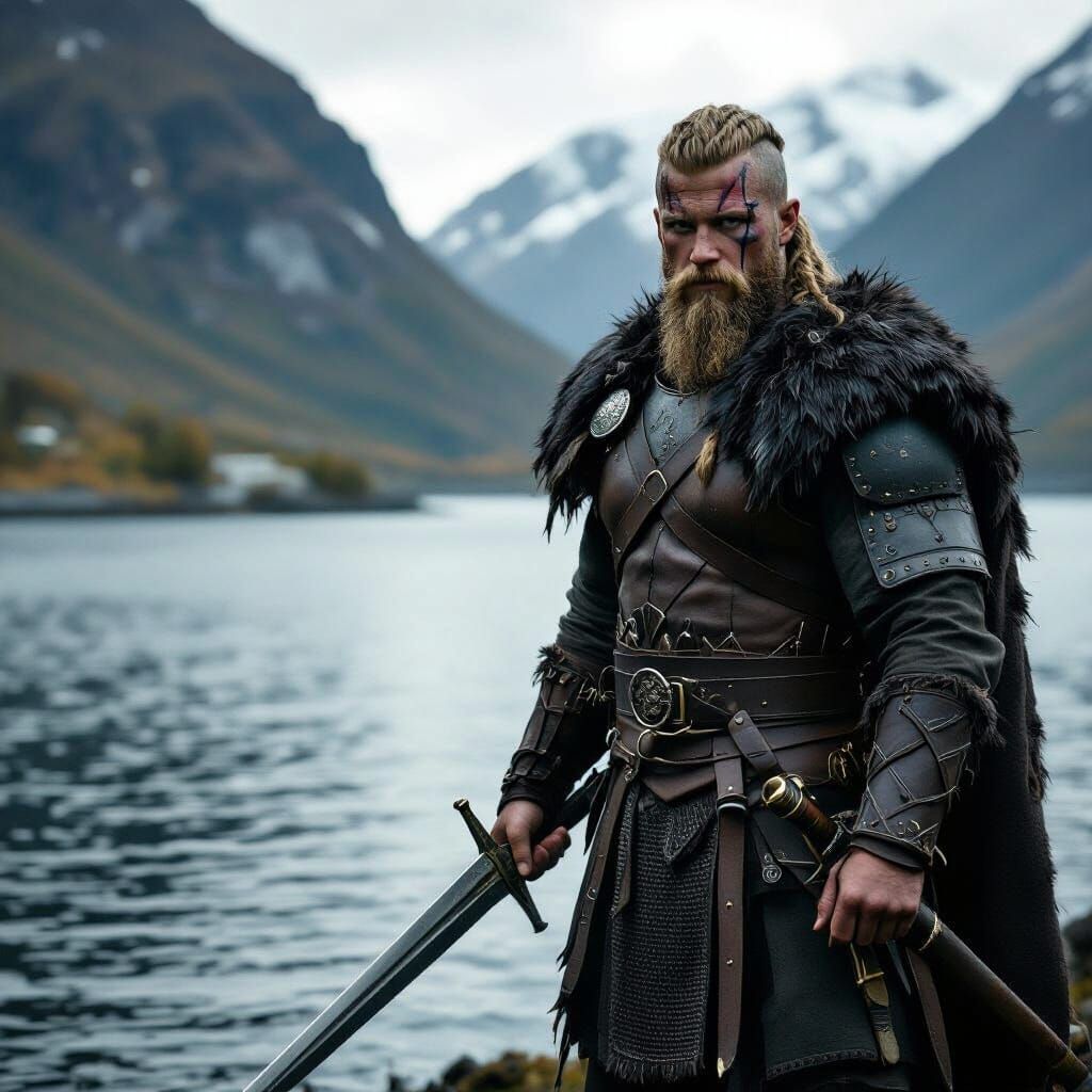 Viking Warrior in Nordic Fjord with Facial Runes