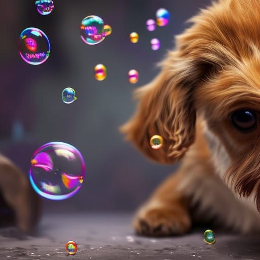 Cute Dog Playing with Bubbles in Detailed Art