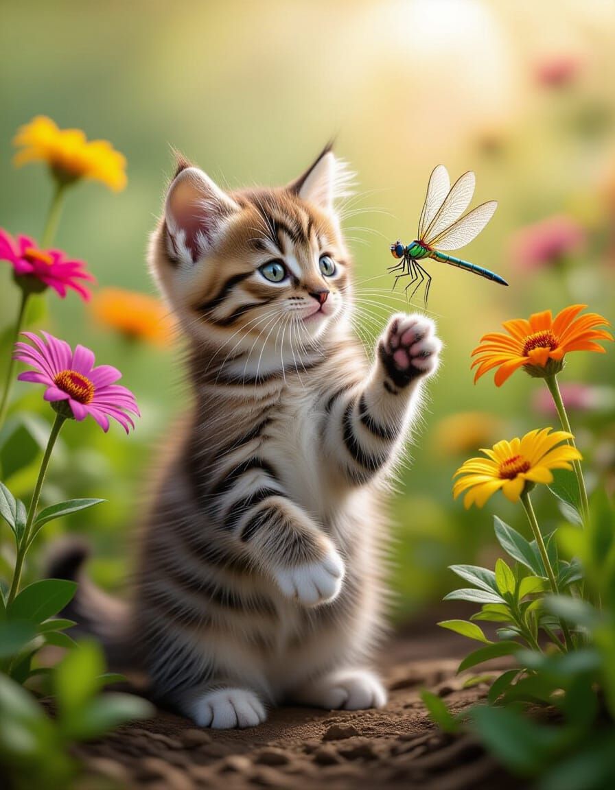 Kitten's Dragonfly Surprise: A Photorealistic Floral Scene