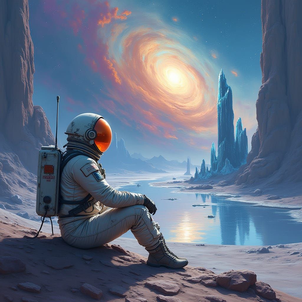 Astronaut on Alien Planet Gazing at Nebula