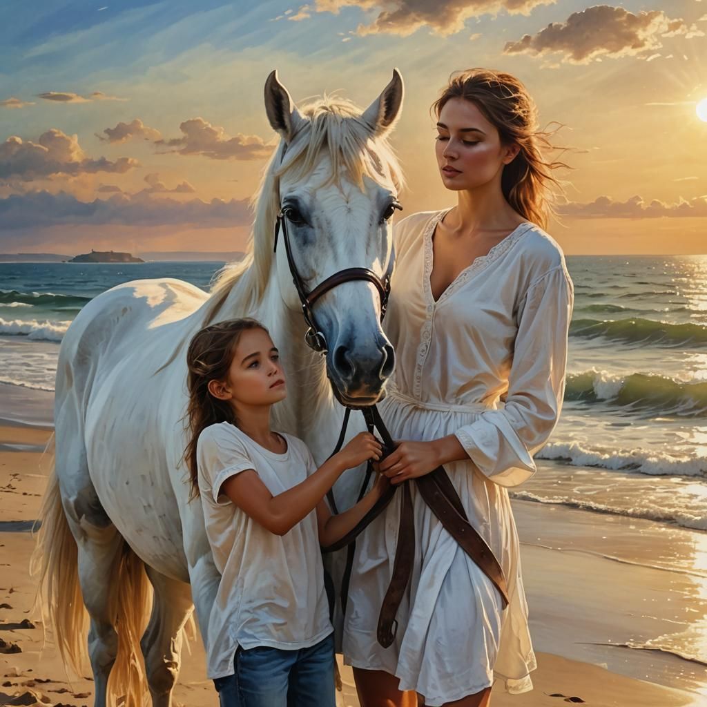 Girl and White Horse Seaside Watercolor Painting