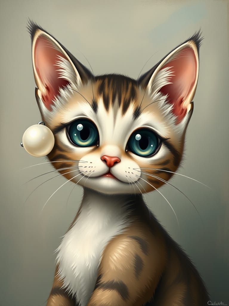 Adorable Kitten with Pearl Earring in Vermeer Kawaii Style