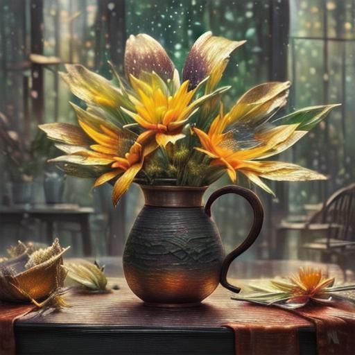 Impressionist Still Life of Flowers in Copper Pitcher