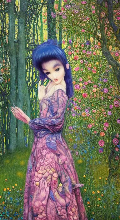 Sunset-Hybrid Woman in Magical Forest, Klimt Style