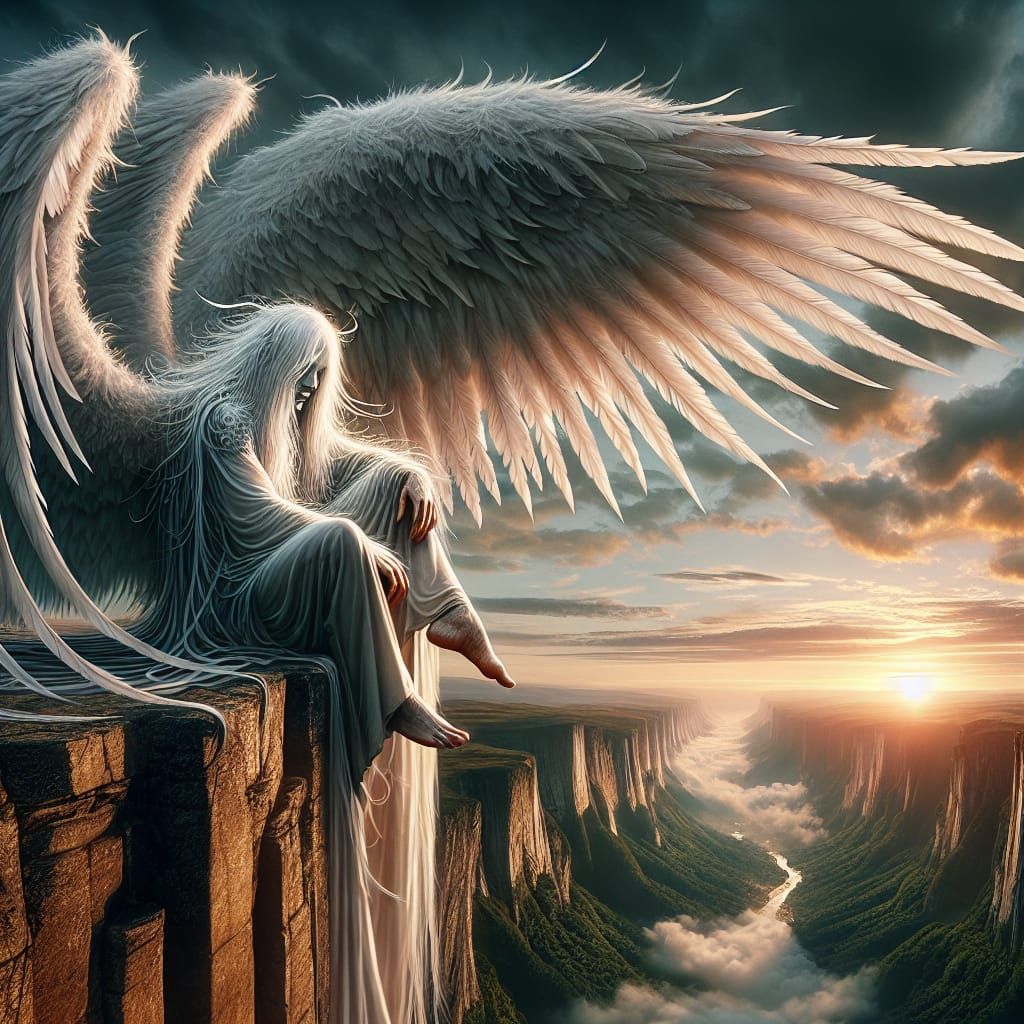 Winged Figure Contemplates Sunrise as Digital Matte Painting
