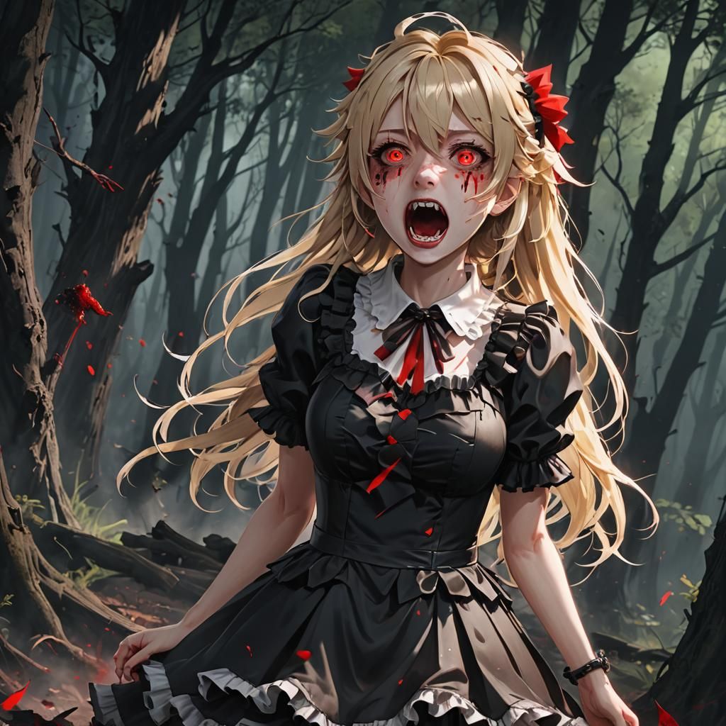 Anime Girl in Dark Forest, 3D Rendered Art