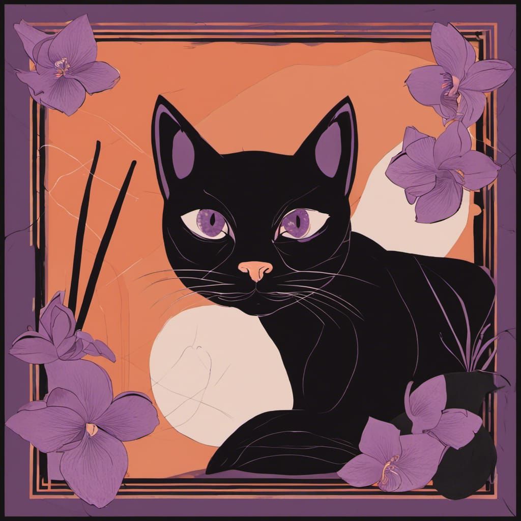 Oliver Clegg simple minimalist black orange eye black cat purple Japanese background shapes deep black very delicate str...