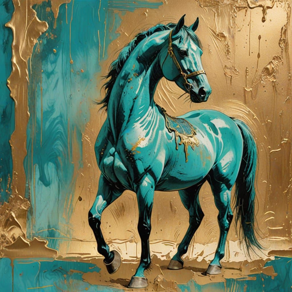 Turquoise Horse in Golden Room, Mixed Media Art
