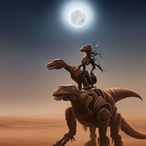 Robot Rides T-Rex Through a Sandstorm