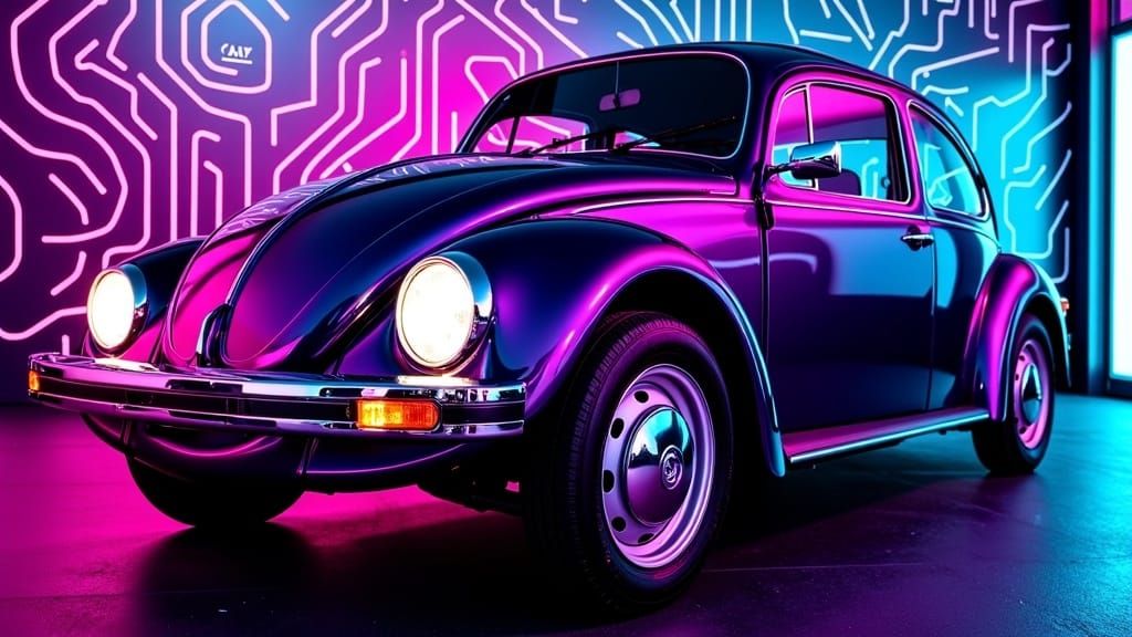 Cyberpunk Volkswagen Beetle in Dystopian Cityscape