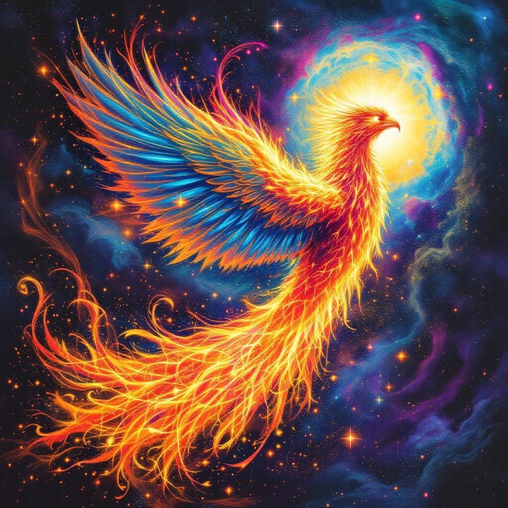 Neon Phoenix Soaring Through Cosmic Nebula