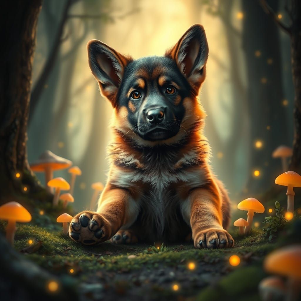 German Shepherd Puppy in Enchanted Forest Landscape