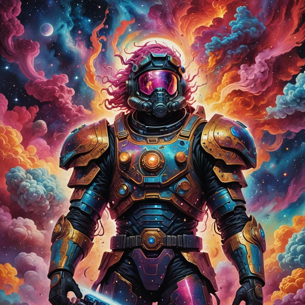 Hero in Cosmic Nebula: Surreal Mixed Media Illustration