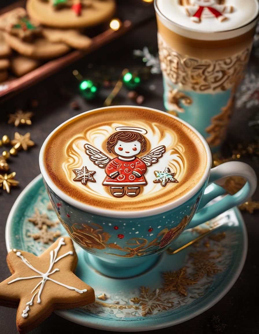 Festive Latte Art with Angel Design and Cookies