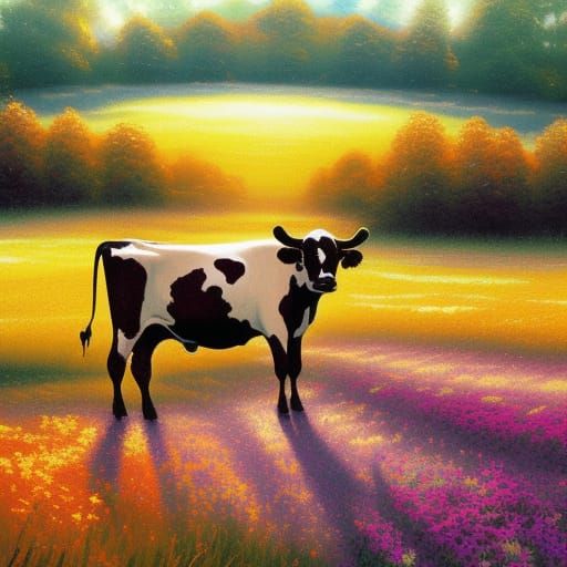 Cow in Field of Flowers, Expressionist Digital Art