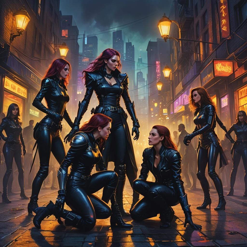 Women Clash in Ominous Cityscape: Digital Art