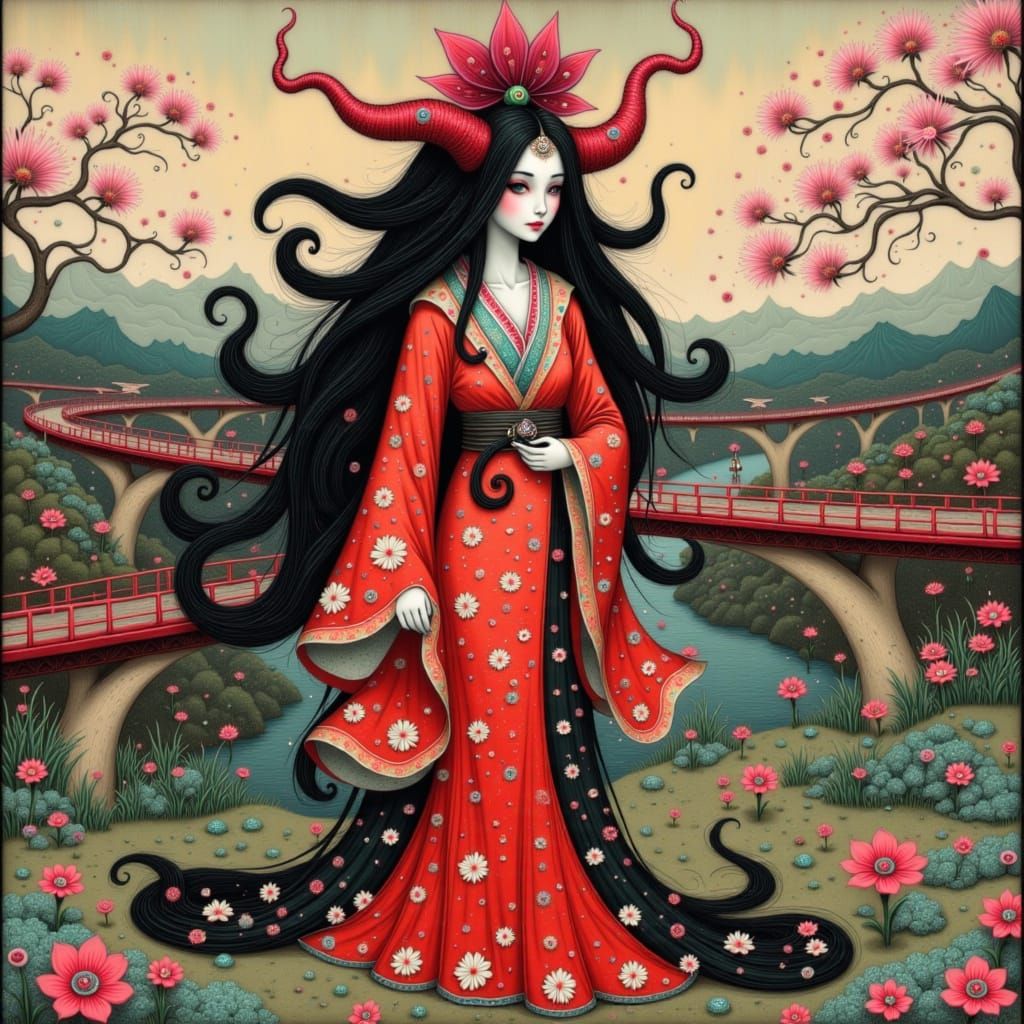 Uji Bridge Woman in Hokusai Style