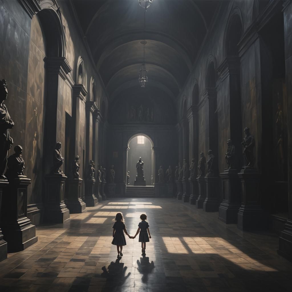 Girl Walks Through Shadowy Hall with Statues