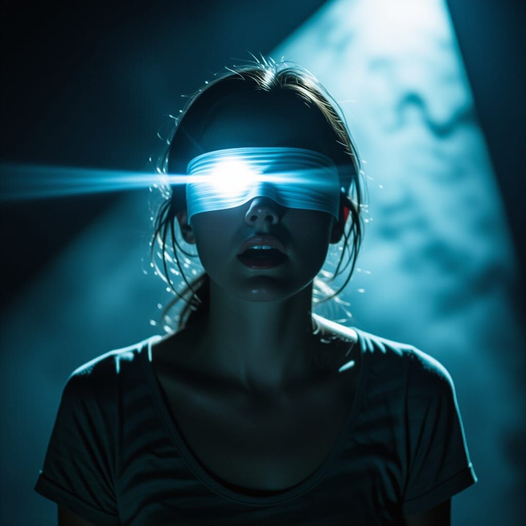 Woman Blinded by Flashlight in the Dark