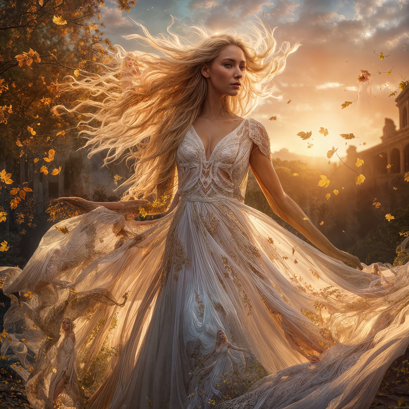 Woman Fading into Autumn Leaves: Hyperreal Art