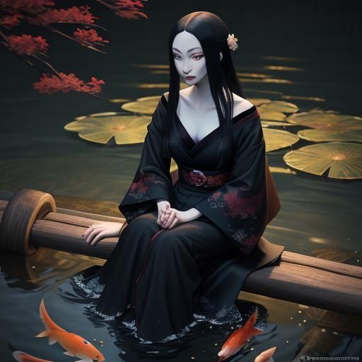 Morticia Addams in Ukiyo-e Koi Pond Scene