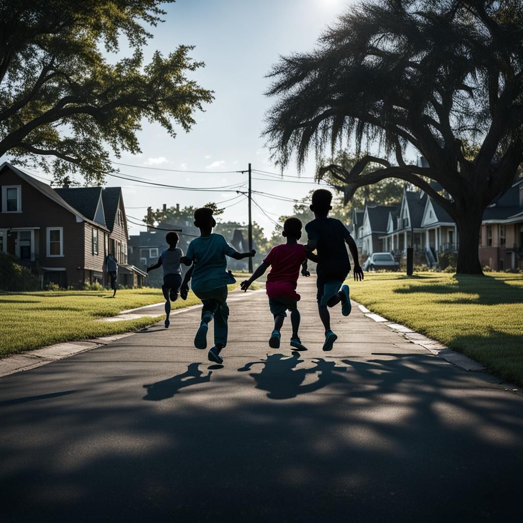 Silhouetted Children Playing in a Black Neighborhood