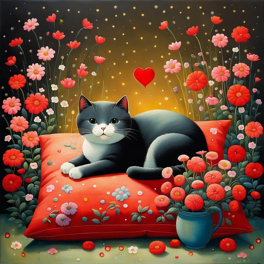 Cute Cat with Flowers in Contemporary Style