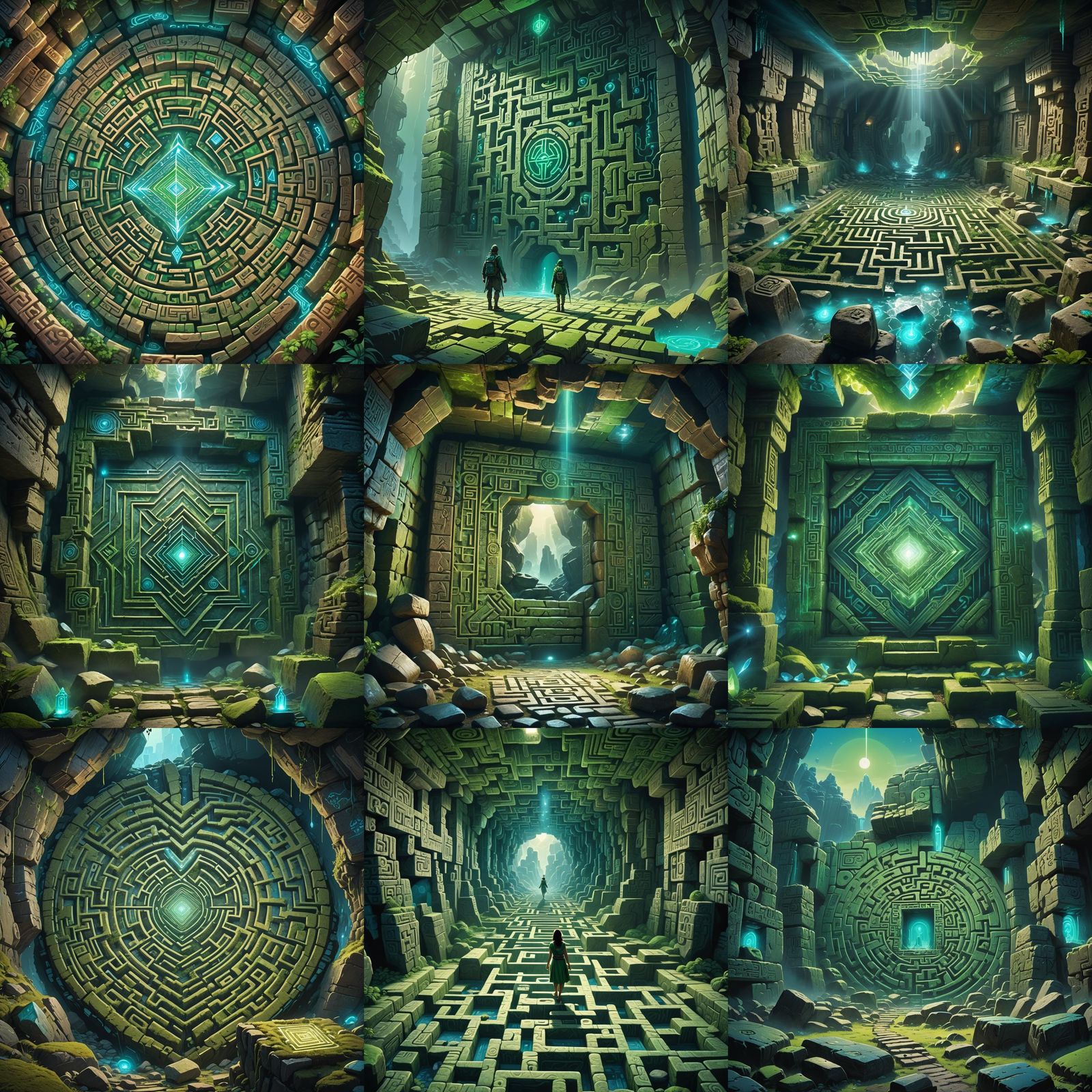 Hieroglyphic Rhombus in Stone Labyrinth with Aura