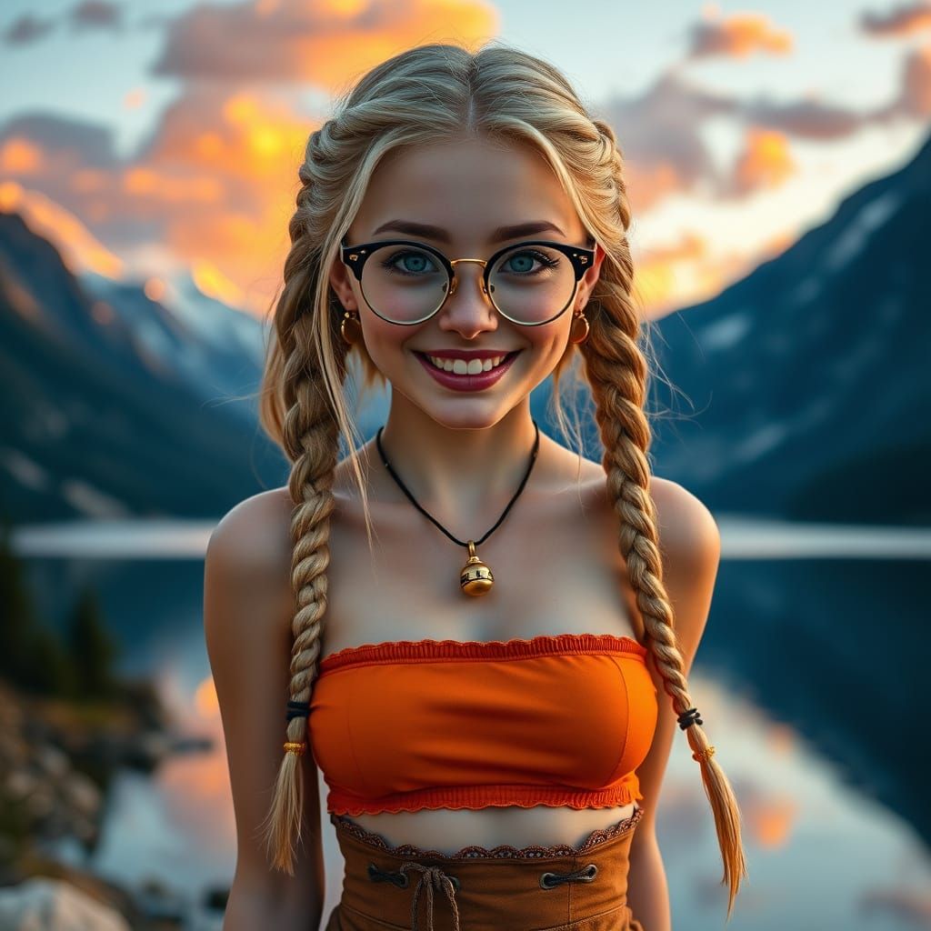 Cute Girl with Freckles and Glasses by Lake