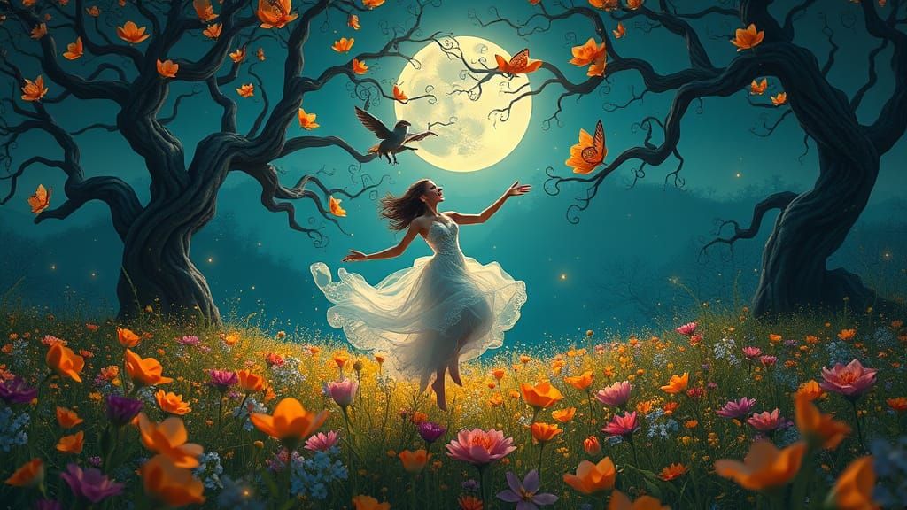 Ethereal Vampire Dances under Full Moon in Vibrant Floral Me...