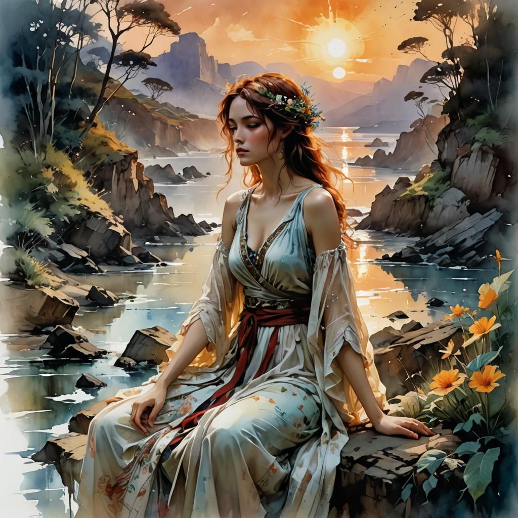 Summerscape Sunset in Watercolor Illustration Style