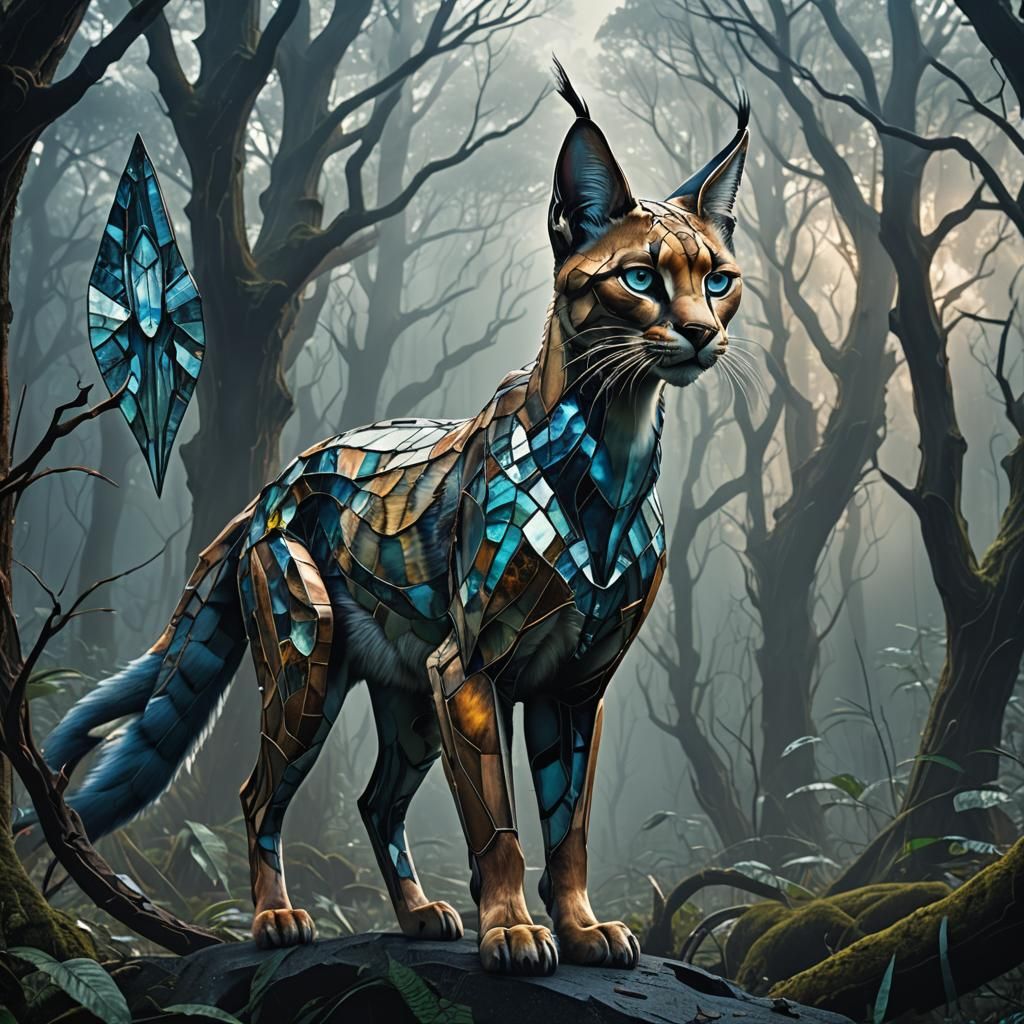 Biomechanical Stained Glass Caracal in Misty Forest
