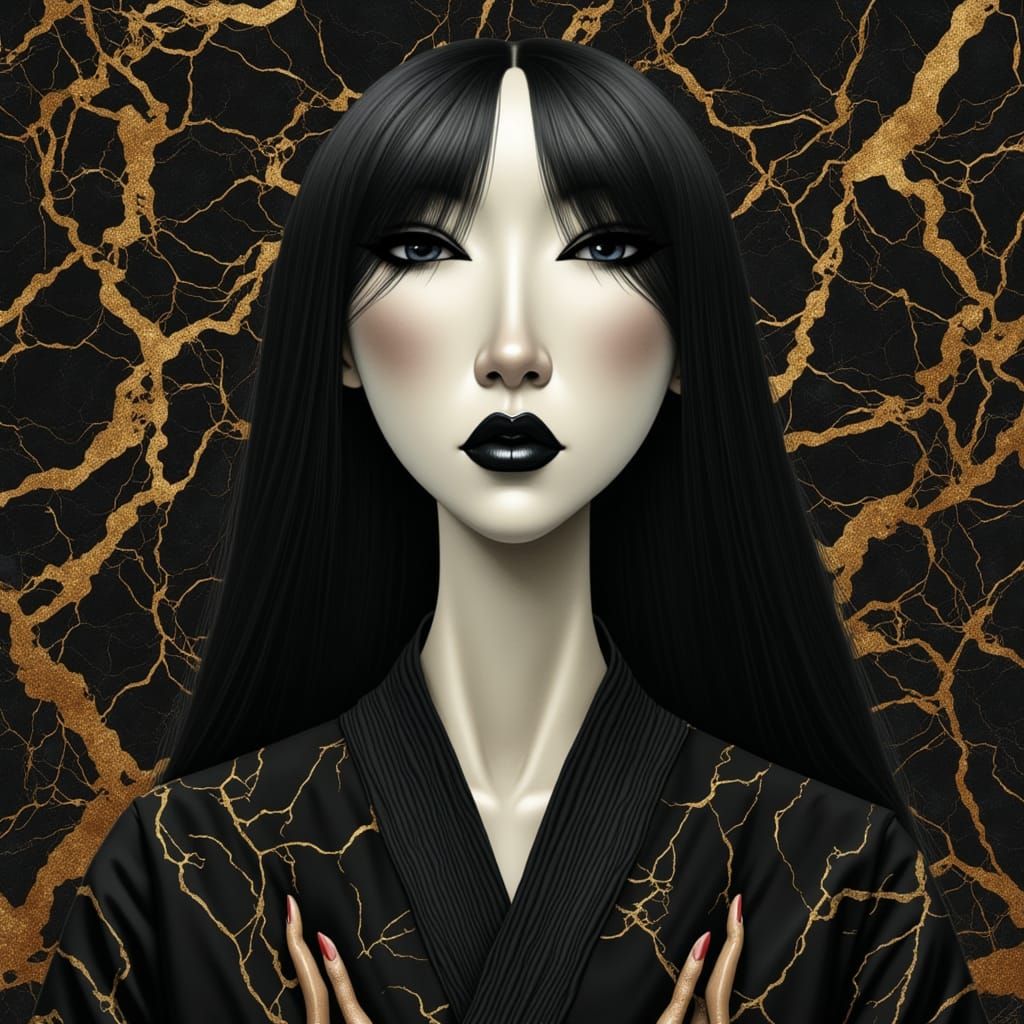 Marble-Faced Woman in Embroidered Kimono