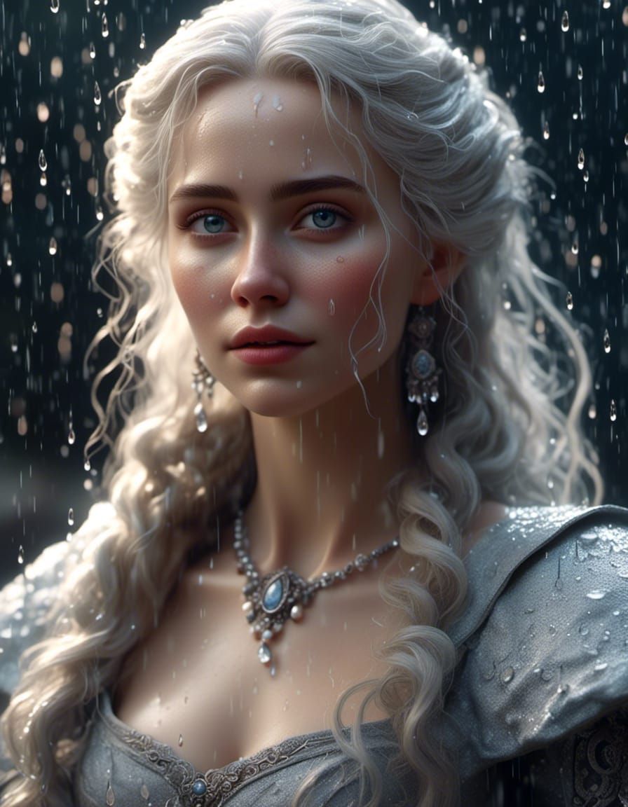 Woman in Opera Gown Walking in Rain, Hyperrealism