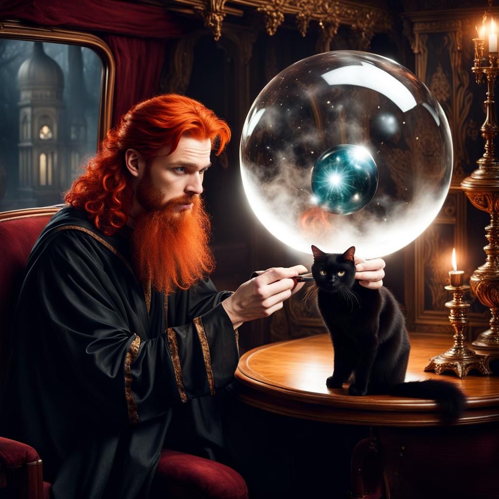 Redhead Sorcerer and Black Cat in Van Gogh Style