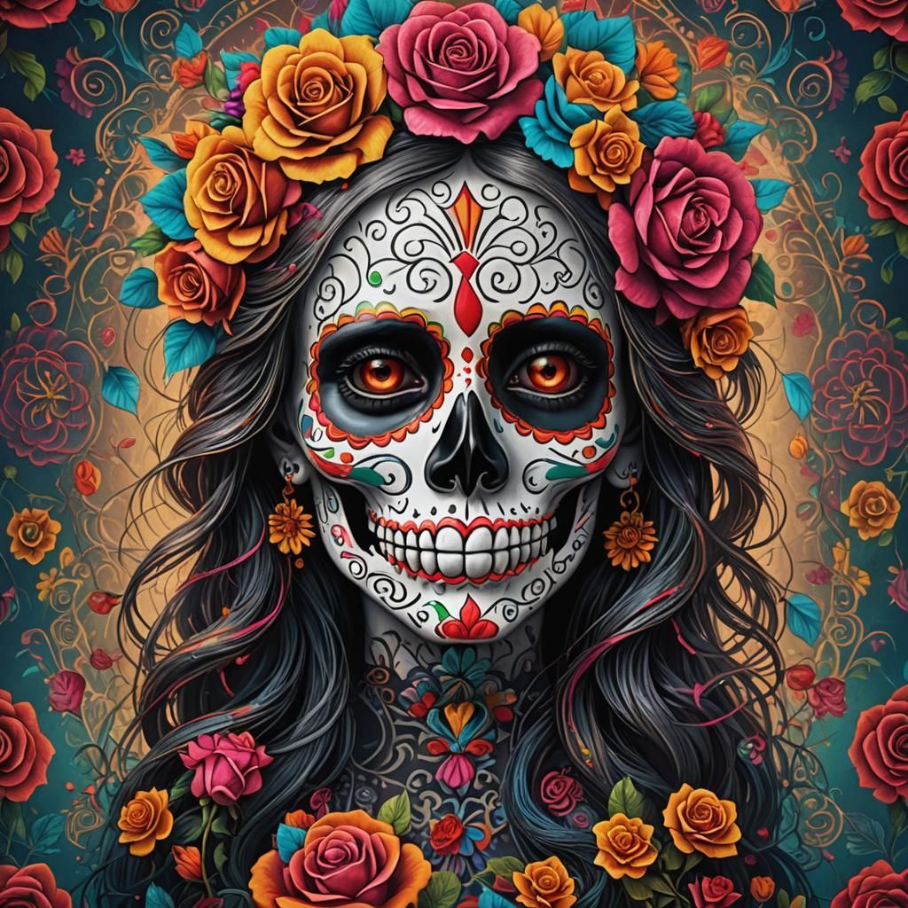 La Llorona Sugar Skull with Roses in HDR