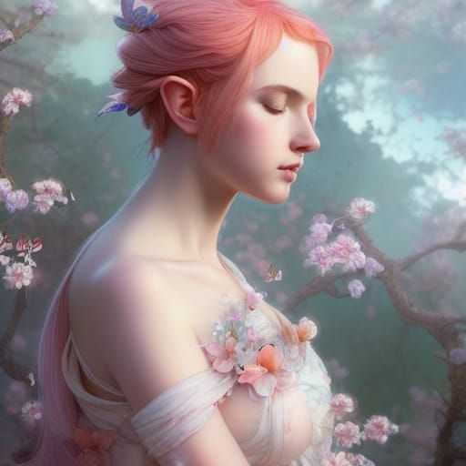 Ethereal Elf Portrait with Blossoms and Butterflies