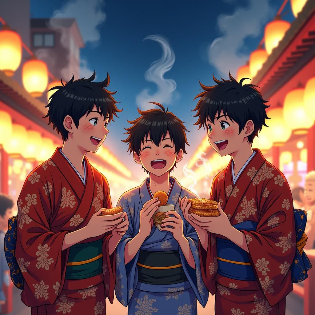 Japanese Festival: Three Boys in Kimonos at Night