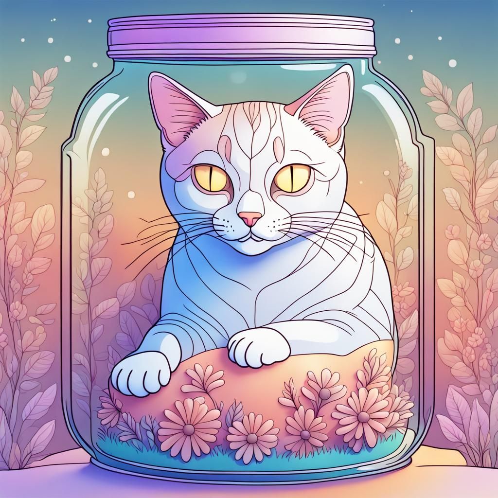 Cartoon Cat Sleeping in Jar: Line Art