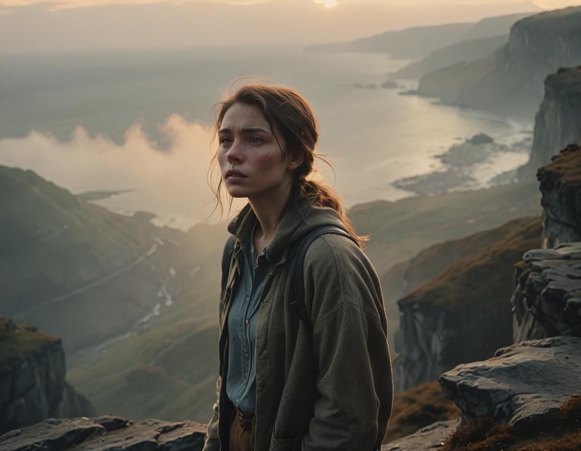 Melancholy Woman on Cliff Edge at Dusk