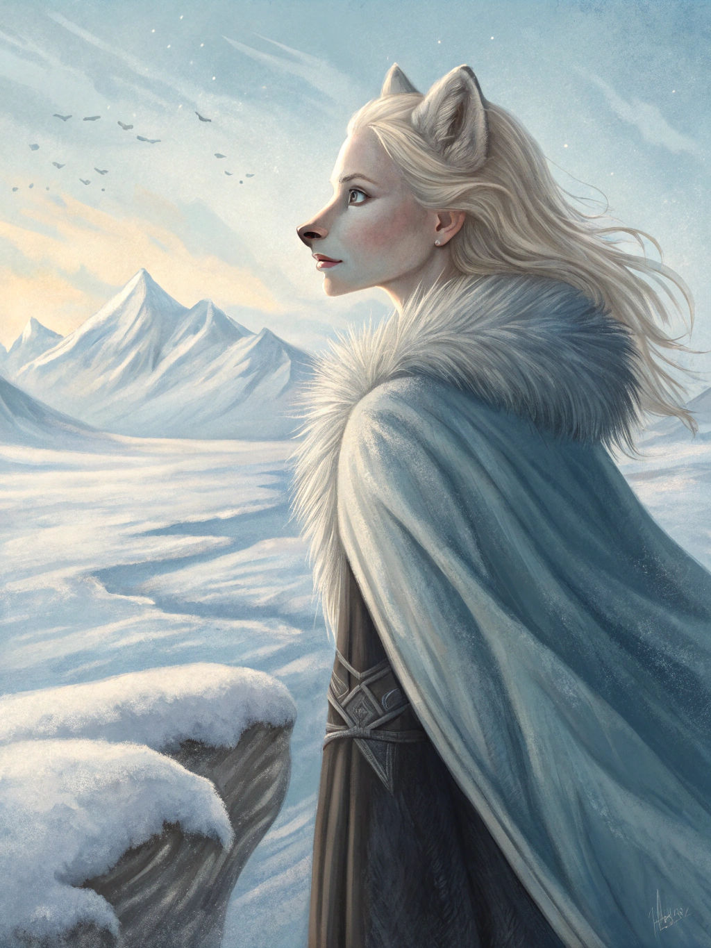Elegant Arctic Fox Woman on Windswept Tundra in Oil Painting...