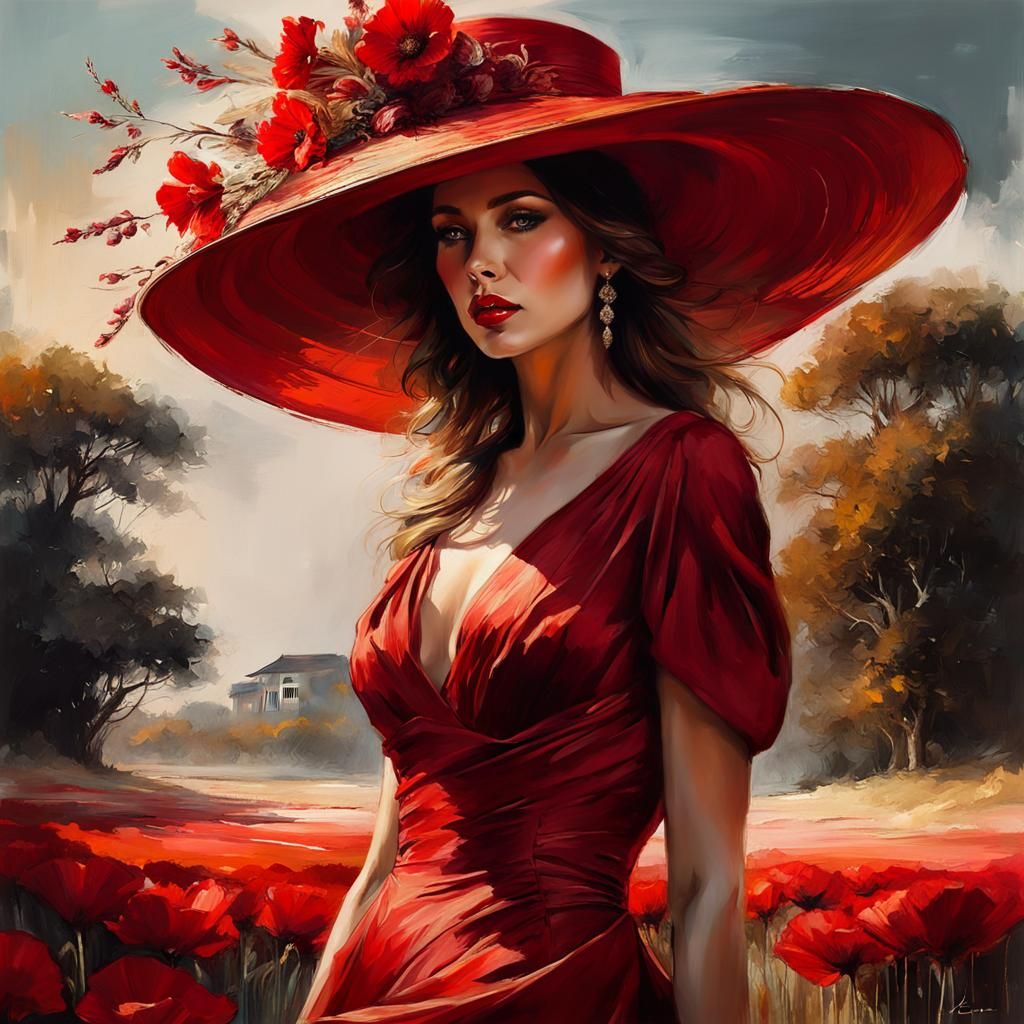 Elegant Woman in Red Dress, Art Deco Style