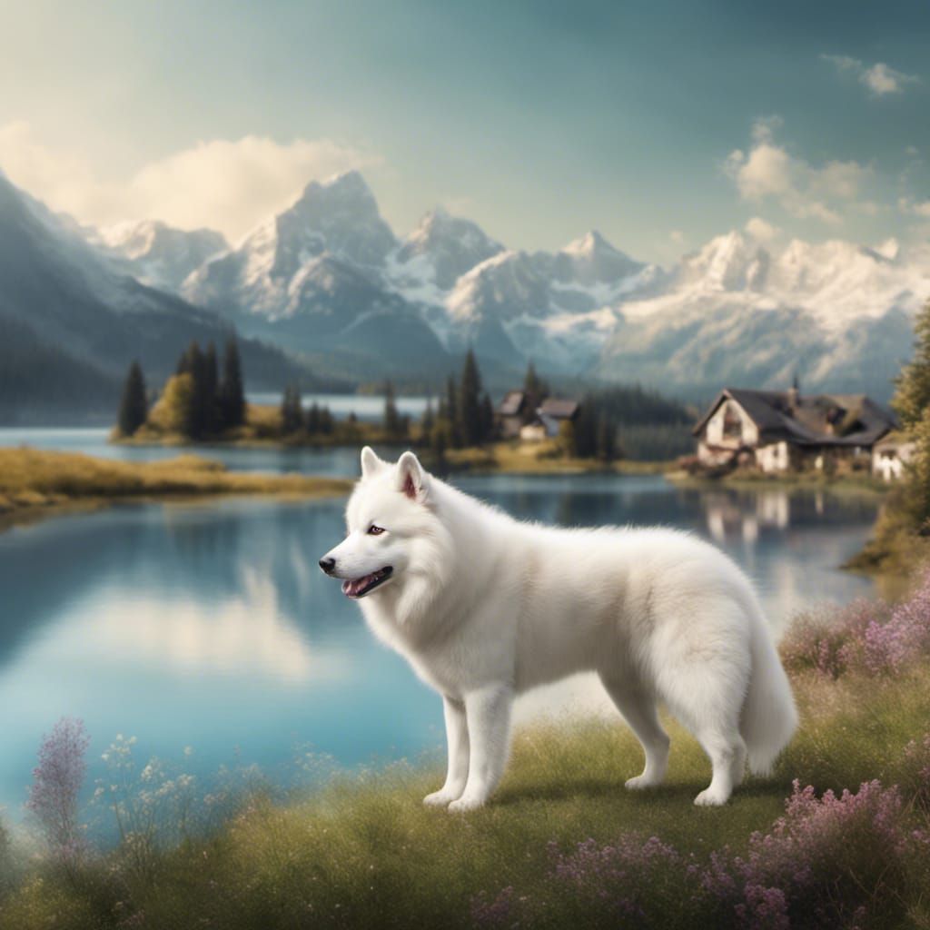 Samoyed-Husky Mix Playing in Landscape, Digital Art