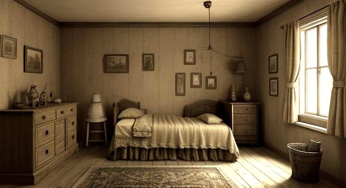 Sepia Photorealistic Child's Bedroom with Antique Toys