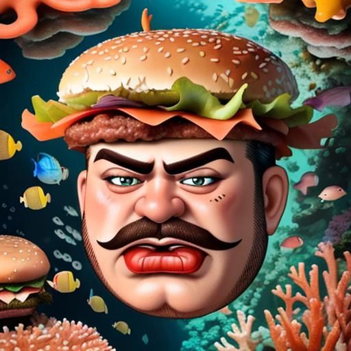 Hamburger Fish Caricatures Over Colorful Coral Reef
