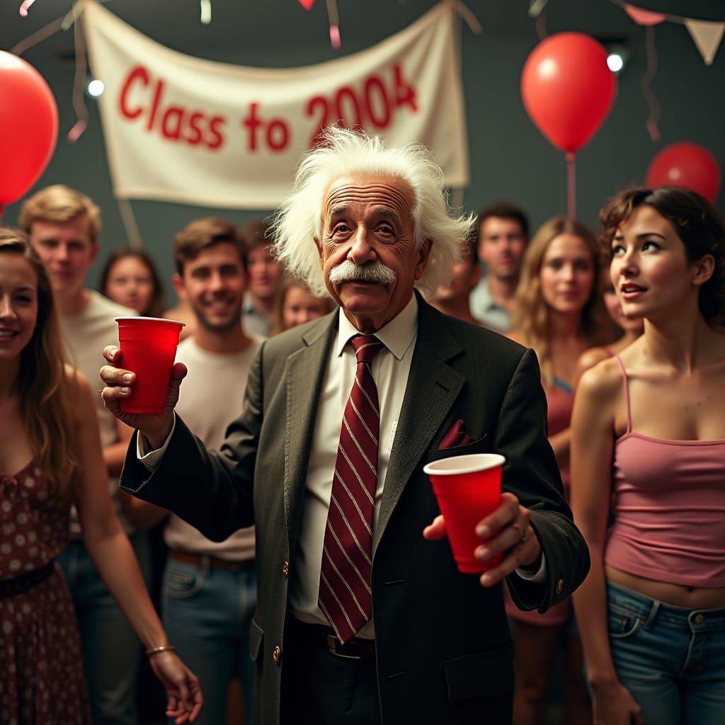 Einstein's Surreal Party Appearance in a Vibrant Portrait