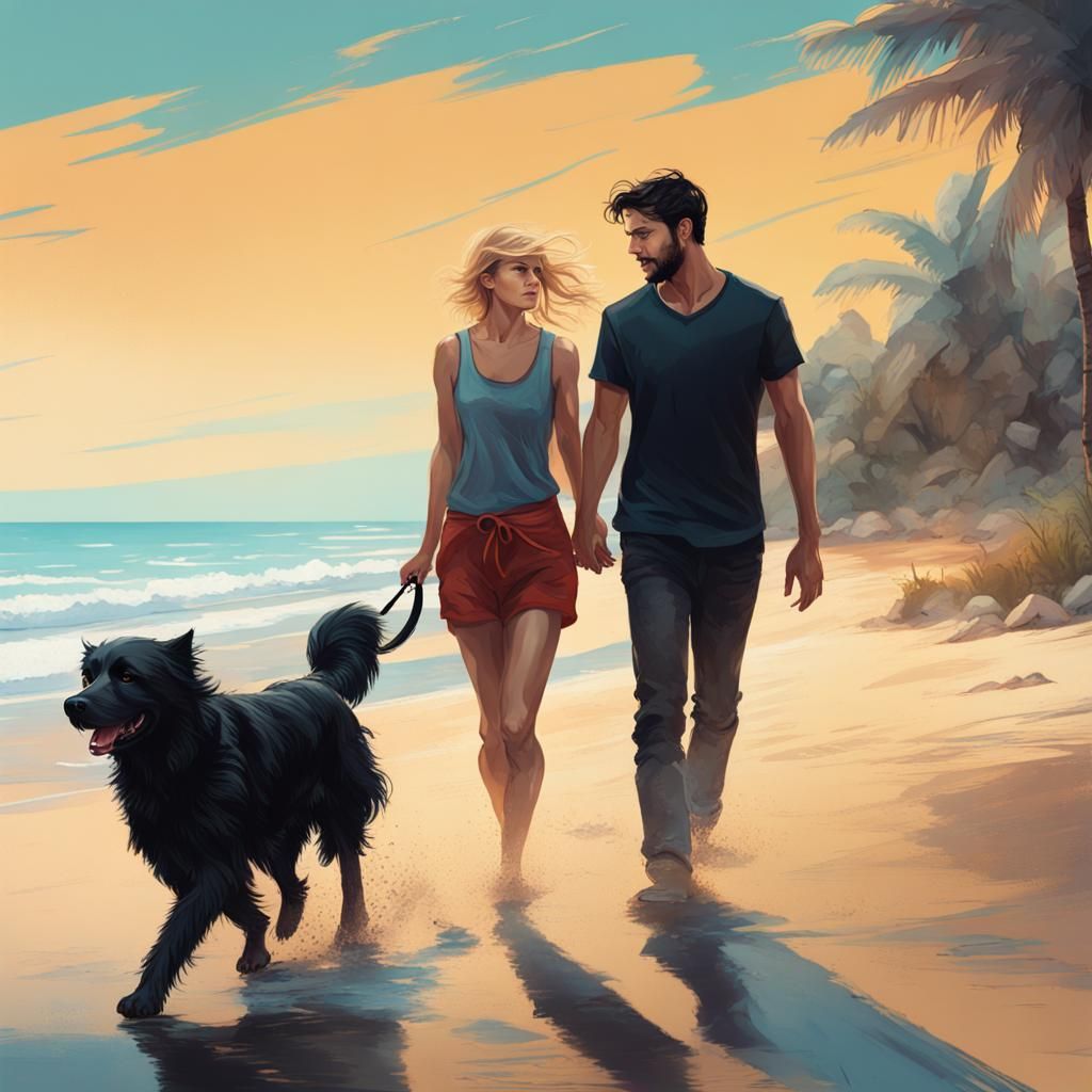 Woman, Man, and Dog on Beach: Hyperrealistic Splash Art